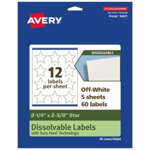 imageAvery Dissolvable Star Labels Sure Feed Technology 214quot x 238quot Matte White PrinttoTheEdge LaserInkjet Printable 300 Labels Total60 labels