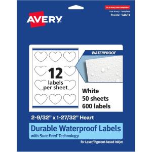 imageAvery Durable Waterproof Heart Labels Sure Feed Technology 2932quot x 12732quot 120 Total Oil and TearResistant Waterproof Labels PrinttoTheEdge LaserPigmentBased Inkjet Printable600 labels