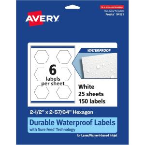 imageAvery Durable Waterproof Hexagon Labels Sure Feed Technology 212quot x 25764quot 60 Total Oil and TearResistant Waterproof Labels PrinttoTheEdge LaserPigmentBased Inkjet Printable150 labels