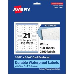 imageAvery Durable Waterproof Oval Scalloped Labels Sure Feed Technology 118quot x 214quot 210 Total Oil and TearResistant Waterproof Labels PrinttoTheEdge LaserPigmentBased Inkjet Printable2 100 labels