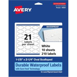 imageAvery Durable Waterproof Oval Scalloped Labels Sure Feed Technology 118quot x 214quot 210 Total Oil and TearResistant Waterproof Labels PrinttoTheEdge LaserPigmentBased Inkjet Printable210 labels