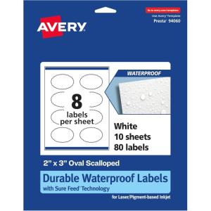 imageAvery Durable Waterproof Oval Scalloped Labels Sure Feed Technology 2quot x 3quot 80 Total Oil and TearResistant Waterproof Labels PrinttoTheEdge LaserPigmentBased Inkjet Printable80 labels