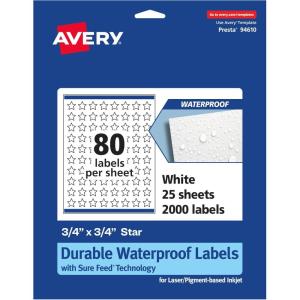 imageAvery Durable Waterproof Star Labels Sure Feed Technology 075quot x 075quot 800 Total Oil and TearResistant Waterproof Labels PrinttoTheEdge LaserPigmentBased Inkjet Printable2 000 labels