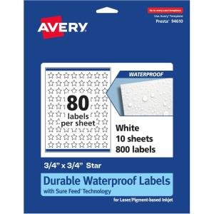 imageAvery Durable Waterproof Star Labels Sure Feed Technology 075quot x 075quot 800 Total Oil and TearResistant Waterproof Labels PrinttoTheEdge LaserPigmentBased Inkjet Printable800 labels