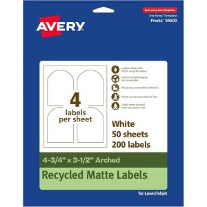 imageAvery EcoFriendly Matte White Recycled Arched Labels 475quot x 35quot PrinttoTheEdge Matte White Labels Permanent Adhesive LaserInkjet Printable 100 Total200 labels