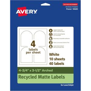 imageAvery EcoFriendly Matte White Recycled Arched Labels 475quot x 35quot PrinttoTheEdge Matte White Labels Permanent Adhesive LaserInkjet Printable 100 Total40 labels