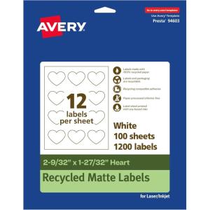 imageAvery EcoFriendly Matte White Recycled Heart Labels 2932quot x 12732quot PrinttoTheEdge Matte White Labels Permanent Adhesive LaserInkjet Printable 120 Total1 200 labels