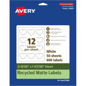 imageAvery EcoFriendly Matte White Recycled Heart Labels 2932quot x 12732quot PrinttoTheEdge Matte White Labels Permanent Adhesive LaserInkjet Printable 120 Total600 labels