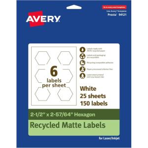 imageAvery EcoFriendly Matte White Recycled Hexagon Labels 212quot x 25764quot PrinttoTheEdge Matte White Labels Permanent Adhesive LaserInkjet Printable 60 Total150 labels