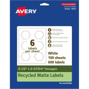 imageAvery EcoFriendly Matte White Recycled Hexagon Labels 212quot x 25764quot PrinttoTheEdge Matte White Labels Permanent Adhesive LaserInkjet Printable 60 Total600 labels