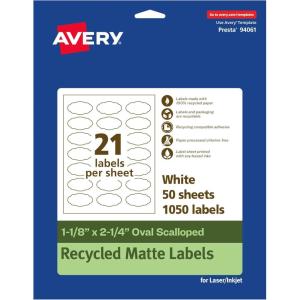 imageAvery EcoFriendly Matte White Recycled Oval Scalloped Labels 118quot x 214quot PrinttoTheEdge Matte White Labels Permanent Adhesive LaserInkjet Printable 210 Total1 050 labels
