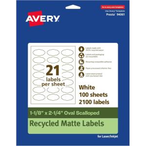 imageAvery EcoFriendly Matte White Recycled Oval Scalloped Labels 118quot x 214quot PrinttoTheEdge Matte White Labels Permanent Adhesive LaserInkjet Printable 210 Total2 100 labels