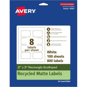 imageAvery EcoFriendly Matte White Recycled Rectangle Scalloped Labels 2quot x 3quot PrinttoTheEdge Matte White Labels Permanent Adhesive LaserInkjet Printable 400 Total800 labels