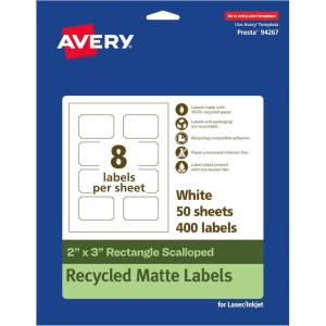 imageAvery EcoFriendly Matte White Recycled Rectangle Scalloped Labels 2quot x 3quot PrinttoTheEdge Matte White Labels Permanent Adhesive LaserInkjet Printable 400 Total400 labels
