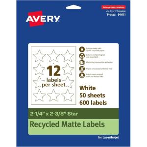 imageAvery EcoFriendly Matte White Recycled Star Labels 214quot x 238quot PrinttoTheEdge Matte White Labels Permanent Adhesive LaserInkjet Printable 120 Total600 labels