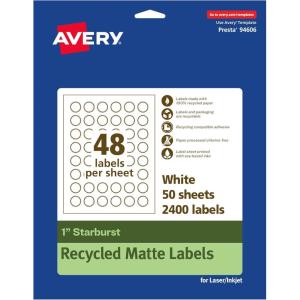 imageAvery EcoFriendly Matte White Recycled Starburst Labels 1quot PrinttoTheEdge Matte White Labels Permanent Adhesive LaserInkjet Printable 480 Total2 400 labels