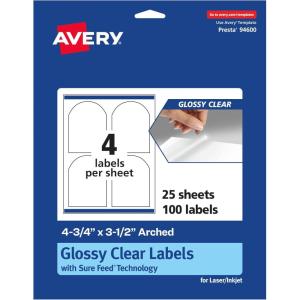 imageAvery Glossy Clear Arched Labels Sure Feed Technology 475quot x 35quot 40 Glossy Clear Labels PrinttoTheEdge LaserInkjet Printable100 labels