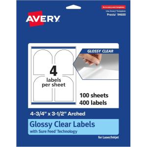 imageAvery Glossy Clear Arched Labels Sure Feed Technology 475quot x 35quot 40 Glossy Clear Labels PrinttoTheEdge LaserInkjet Printable400 labels