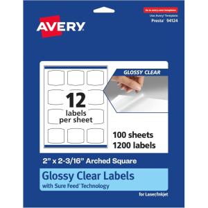 imageAvery Glossy Clear Arched Square Labels Sure Feed Technology 2quot x 2316quot 120 Glossy Clear Labels PrinttoTheEdge LaserInkjet Printable1 200 labels