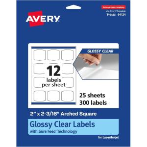 imageAvery Glossy Clear Arched Square Labels Sure Feed Technology 2quot x 2316quot 120 Glossy Clear Labels PrinttoTheEdge LaserInkjet Printable300 labels