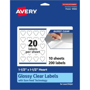 imageAvery Glossy Clear Heart Labels Sure Feed Technology 15quot x 15quot 200 Glossy Clear Labels PrinttoTheEdge LaserInkjet Printable200 labels