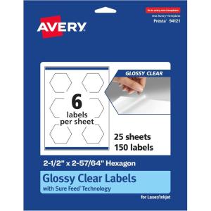 imageAvery Glossy Clear Hexagon Labels Sure Feed Technology 212quot x 25764quot 60 Glossy Clear Labels PrinttoTheEdge LaserInkjet Printable150 labels