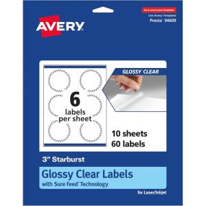 imageAvery Glossy Clear Starburst Labels Sure Feed Technology 3quot 150 Glossy Clear Labels PrinttoTheEdge LaserInkjet Printable60 labels