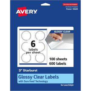 imageAvery Glossy Clear Starburst Labels Sure Feed Technology 3quot 150 Glossy Clear Labels PrinttoTheEdge LaserInkjet Printable600 labels