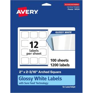 imageAvery Glossy White Arched Square Labels Sure Feed Technology 2quot x 2316quot 1200 Glossy White Labels PrinttoTheEdge Permanent Adhesive LaserInkjet Printable1 200 labels