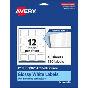 imageAvery Glossy White Arched Square Labels Sure Feed Technology 2quot x 2316quot 1200 Glossy White Labels PrinttoTheEdge Permanent Adhesive LaserInkjet Printable120 labels