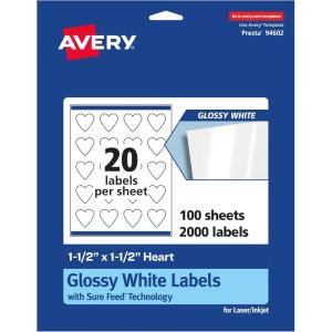 imageAvery Glossy White Heart Labels Sure Feed Technology 15quot x 15quot 200 Glossy White Labels PrinttoTheEdge Permanent Adhesive LaserInkjet Printable2 000 labels