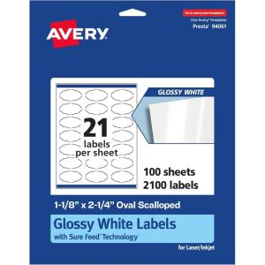 imageAvery Glossy White Oval Scalloped Labels Sure Feed Technology 118quot x 214quot 210 Glossy White Labels PrinttoTheEdge Permanent Adhesive LaserInkjet Printable2 100 labels