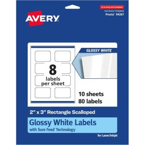 imageAvery Glossy White Rectangle Scalloped Labels Sure Feed Technology 2quot x 3quot 80 Glossy White Labels PrinttoTheEdge Permanent Adhesive LaserInkjet Printable80 labels