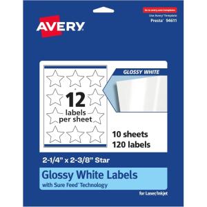 imageAvery Glossy White Star Labels Sure Feed Technology 214quot x 238quot 300 Glossy White Labels PrinttoTheEdge Permanent Adhesive LaserInkjet Printable120 labels