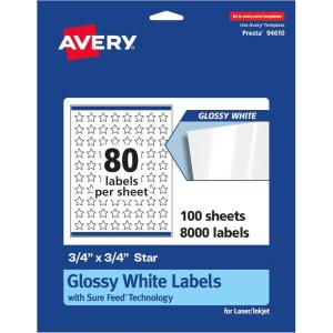 imageAvery Glossy White Star Labels Sure Feed Technology 34quot x 34quot 800 Glossy White Labels PrinttoTheEdge Permanent Adhesive LaserInkjet Printable8 000 labels