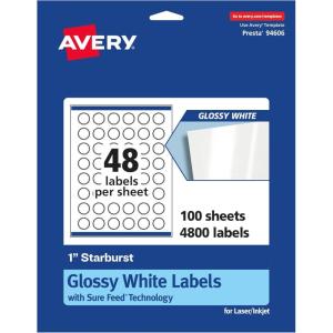 imageAvery Glossy White Starburst Labels Sure Feed Technology 1quot 1200 Glossy White Labels PrinttoTheEdge Permanent Adhesive LaserInkjet Printable4 800 labels