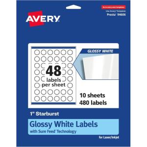 imageAvery Glossy White Starburst Labels Sure Feed Technology 1quot 1200 Glossy White Labels PrinttoTheEdge Permanent Adhesive LaserInkjet Printable480 labels