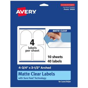 imageAvery Matte Clear Arched Labels Sure Feed Technology 475quot x 35quot 40 Matte Clear Labels PrinttoTheEdge LaserInkjet Printable40 labels