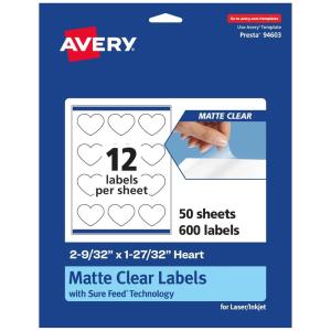 imageAvery Matte Clear Heart Labels Sure Feed Technology 2932quot x 12732quot 120 Matte Clear Labels PrinttoTheEdge LaserInkjet Printable600 labels