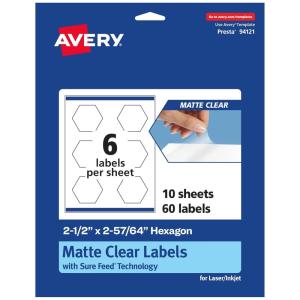 imageAvery Matte Clear Hexagon Labels Sure Feed Technology 212quot x 25764quot 150 Matte Clear Labels PrinttoTheEdge LaserInkjet Printable60 labels