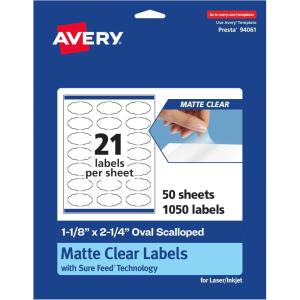 imageAvery Matte Clear Oval Scalloped Labels Sure Feed Technology 118quot x 214quot 210 Matte Clear Labels PrinttoTheEdge LaserInkjet Printable1 050 labels
