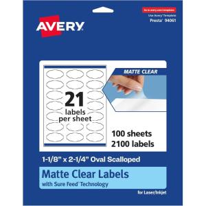 imageAvery Matte Clear Oval Scalloped Labels Sure Feed Technology 118quot x 214quot 210 Matte Clear Labels PrinttoTheEdge LaserInkjet Printable2 100 labels