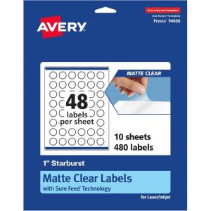 imageAvery Matte Clear Starburst Labels Sure Feed Technology 1quot 1200 Matte Clear Labels PrinttoTheEdge LaserInkjet Printable480 labels