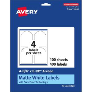 imageAvery Matte White Arched Labels Sure Feed Technology 475quot x 35quot 100 Matte White Printable Labels400 Labels