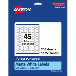 imageAvery Matte White Barbell Labels Sure Feed Technology 05quot x 25quot 1125 White Labels Permanent Adhesive LaserInkjet Printable11 250 labels