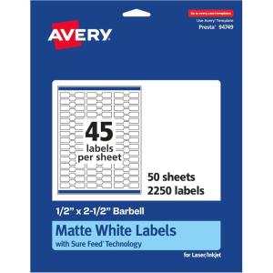 imageAvery Matte White Barbell Labels Sure Feed Technology 05quot x 25quot 1125 White Labels Permanent Adhesive LaserInkjet Printable2 250 labels