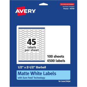 imageAvery Matte White Barbell Labels Sure Feed Technology 05quot x 25quot 1125 White Labels Permanent Adhesive LaserInkjet Printable4 500 labels