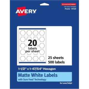 imageAvery Matte White Hexagon Labels Sure Feed Technology 15quot x 14754quot 500 White Labels PrinttoTheEdge Permanent Adhesive LaserInkjet Printable500 labels