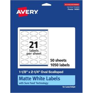 imageAvery Matte White Oval Scalloped Labels Sure Feed Technology 118quot x 214quot 525 Matte White Printable Labels1 050 Labels
