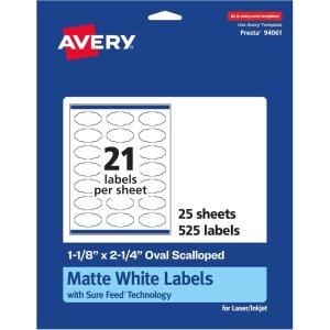 imageAvery Matte White Oval Scalloped Labels Sure Feed Technology 118quot x 214quot 525 Matte White Printable Labels525 Labels